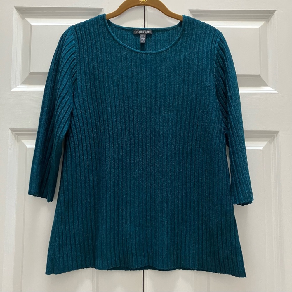 Eileen Fisher Italian Merino Wool Ribbed Sweater Italian Turquoise size XS